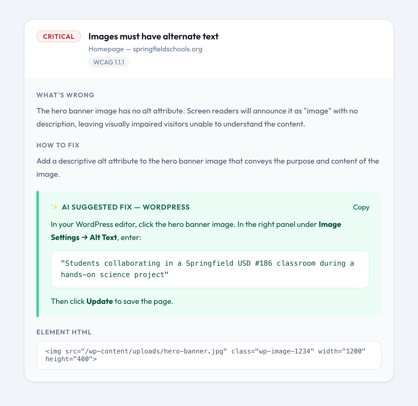 AccessEval AI fix suggestion showing CMS-specific WordPress instructions with copy button