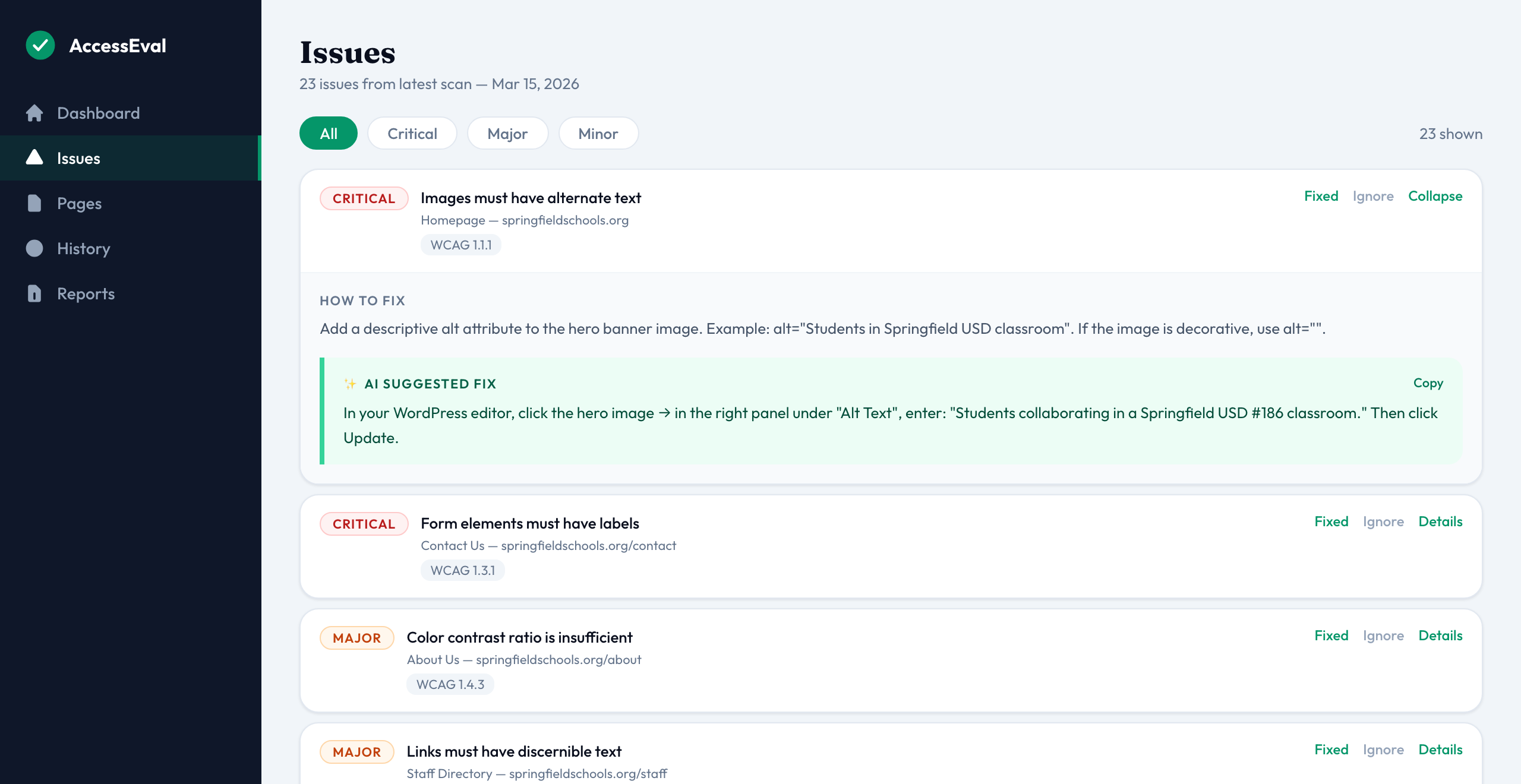 AccessEval issues list showing accessibility violations with severity badges, fix instructions, and AI-suggested WordPress fix